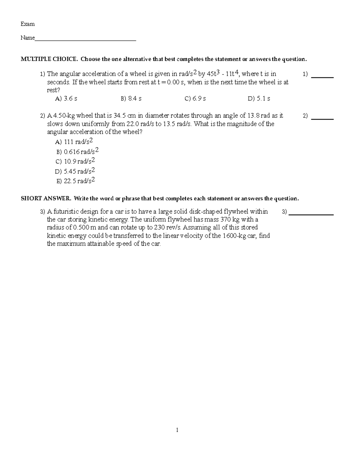 Energy-Rotation Problems - Practice Exam for Physics 101 - Studocu