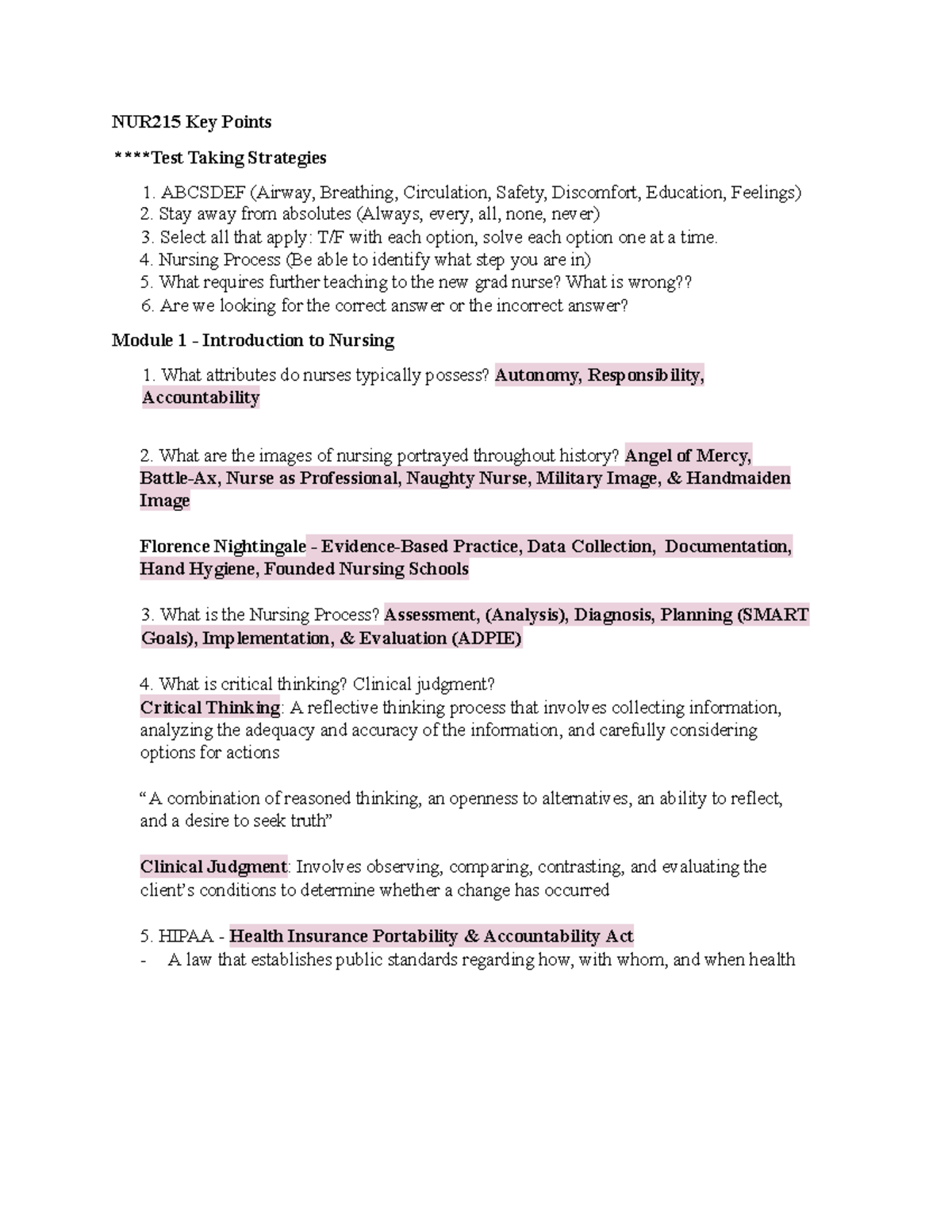 215 Key Points Module 1 and 2 - NUR215 Key Points ****Test Taking ...