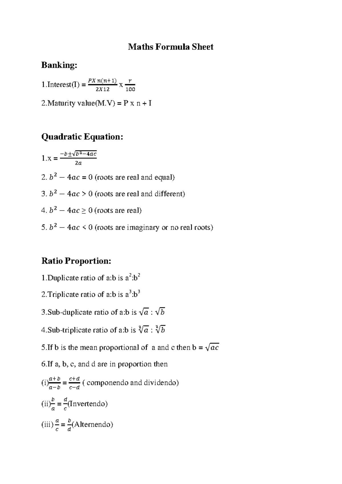 Maths Formula Sheet: Key Concepts & Equations for Banking - Studocu