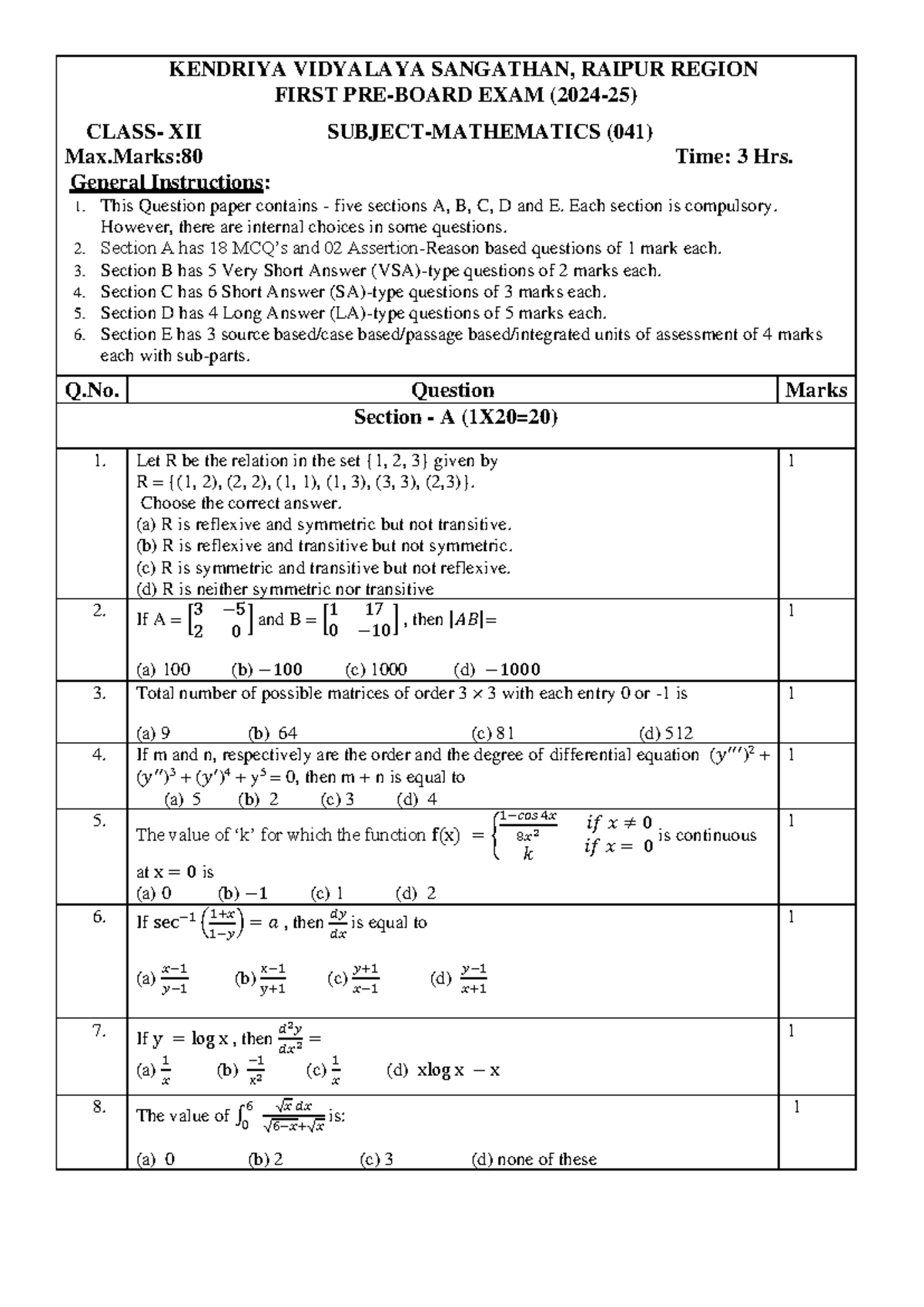 QP Mathematics XII I PB - Pre-Board Exam Questions 2024-25 - Studocu