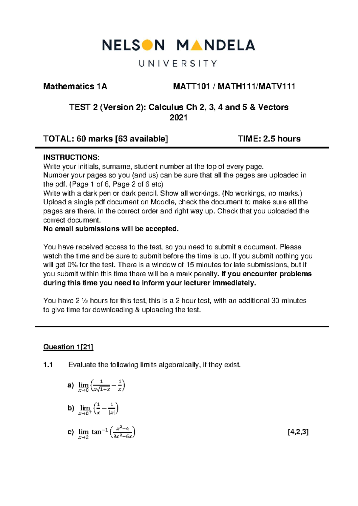 Mathematics 1A MATT101 Semester Test 2 (Version 2) 2021 - Studocu