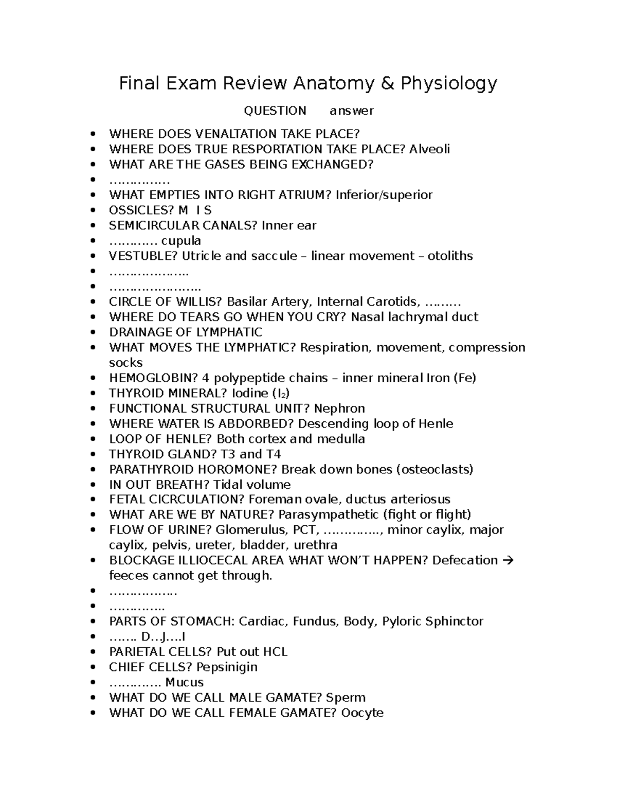 Final Exam A&P - study notes for test - Final Exam Review Anatomy ...