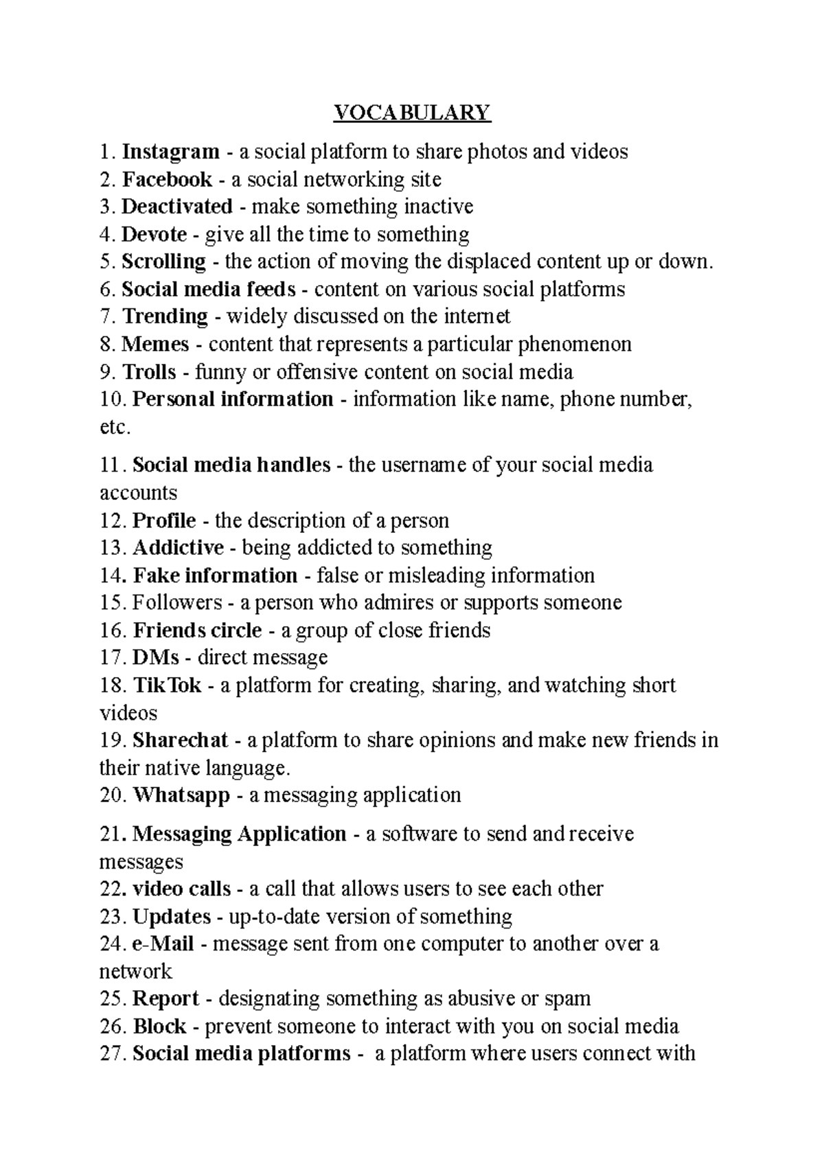 Social- Media - VOCABULARY Instagram - a social platform to share ...