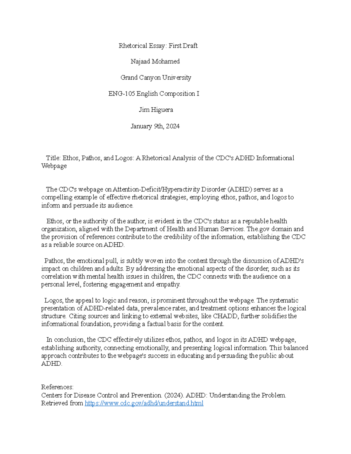 Rhetorical Essay Draft: Analyzing Ethos, Pathos, and Logos in ADHD ...