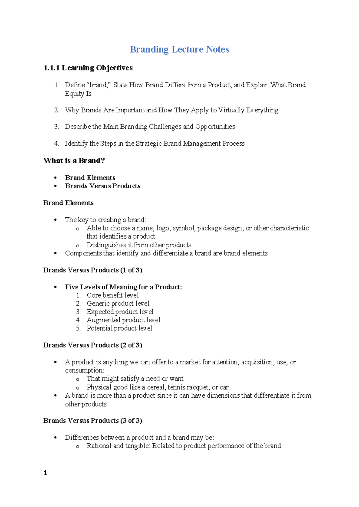 Branding Lecture Notes: Key Concepts and Strategic Management ...