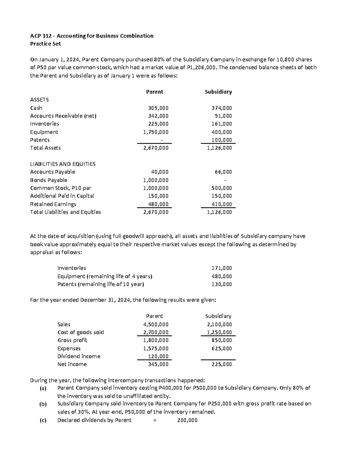 ACP 312 Accounting for Business Combination - Practice Set 2024 - Studocu