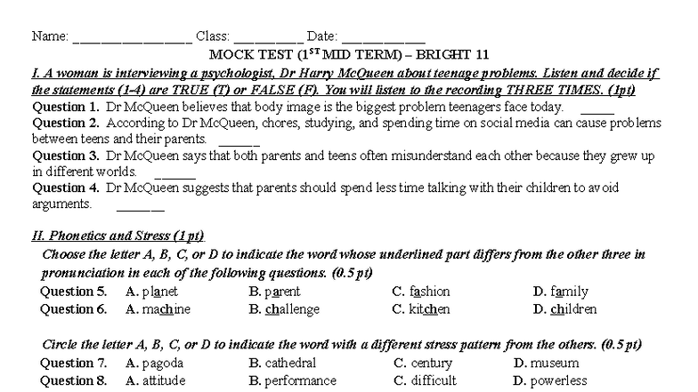 TA 11 MOCK TEST GHK1 - Midterm test for grade 11 - Name ...