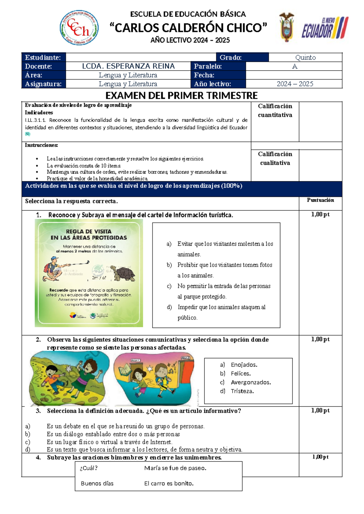Examen Primer Trimestre DE 5TO Grado en Lengua y Literatura - Studocu