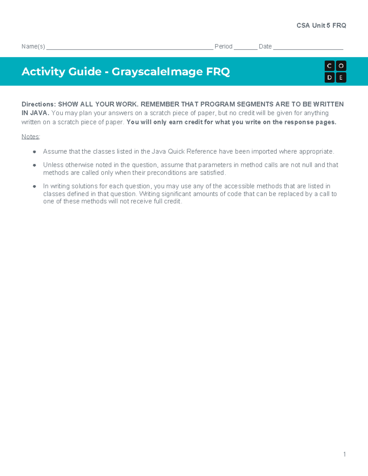 CSA Unit 5 Grayscale Image FRQ - Detailed Instructions and Solutions ...