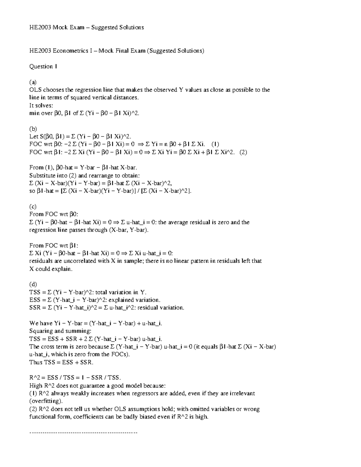 HE2003 Econometrics I Mock Final Exam Solutions - Studocu