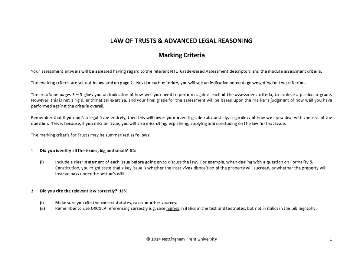 LAW OF TRUSTS (2024) ADVANCED LEGAL REASONING MARKING CRITERIA - Studocu