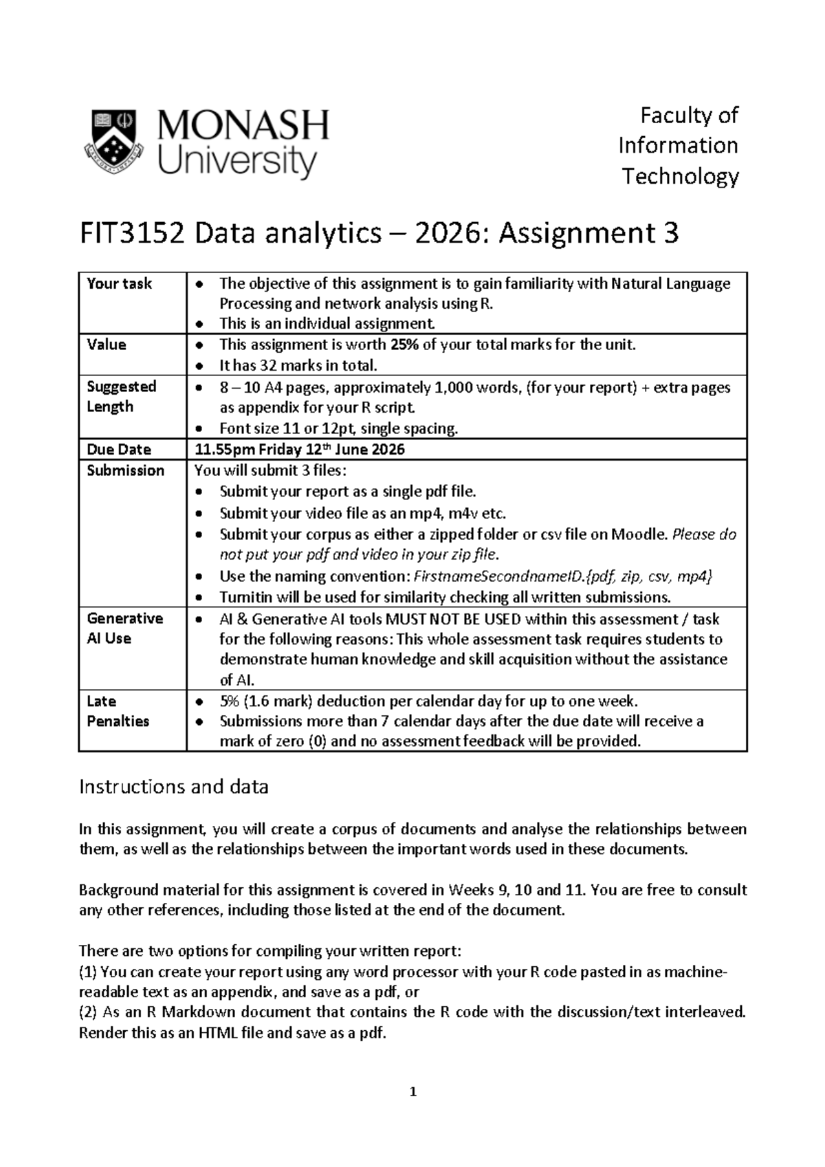 FIT3152 Data Analytics 2026: Assignment 3 Guidelines and Instructions ...