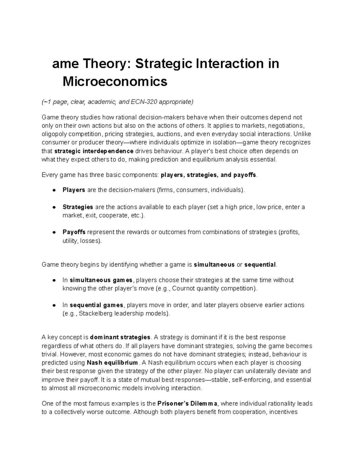 ECN 320 Game Theory: Strategic Interaction and Key Concepts - Studocu