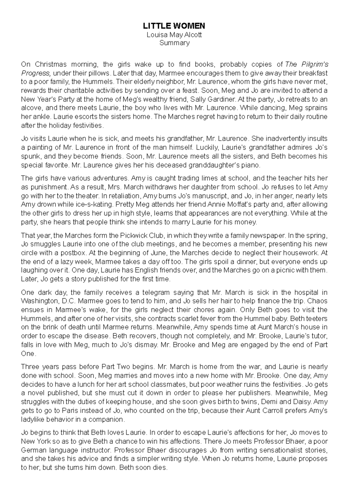 Little Women Summary LITTLE WOMEN Louisa May Alcott Summary On