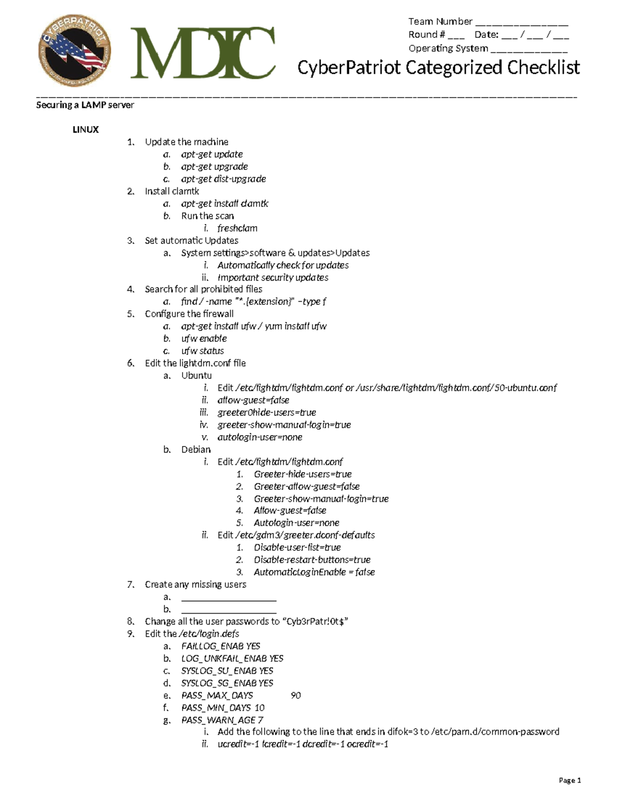 CP checklist Linux - its good :) - Round # ___ Date ...