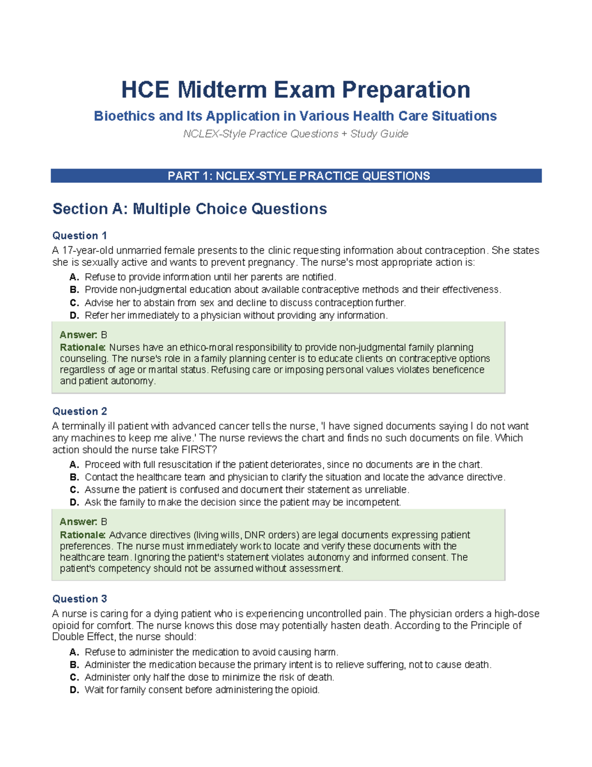 HCE Midterm Exam Prep: Bioethics Practice Questions Study Guide - Studocu