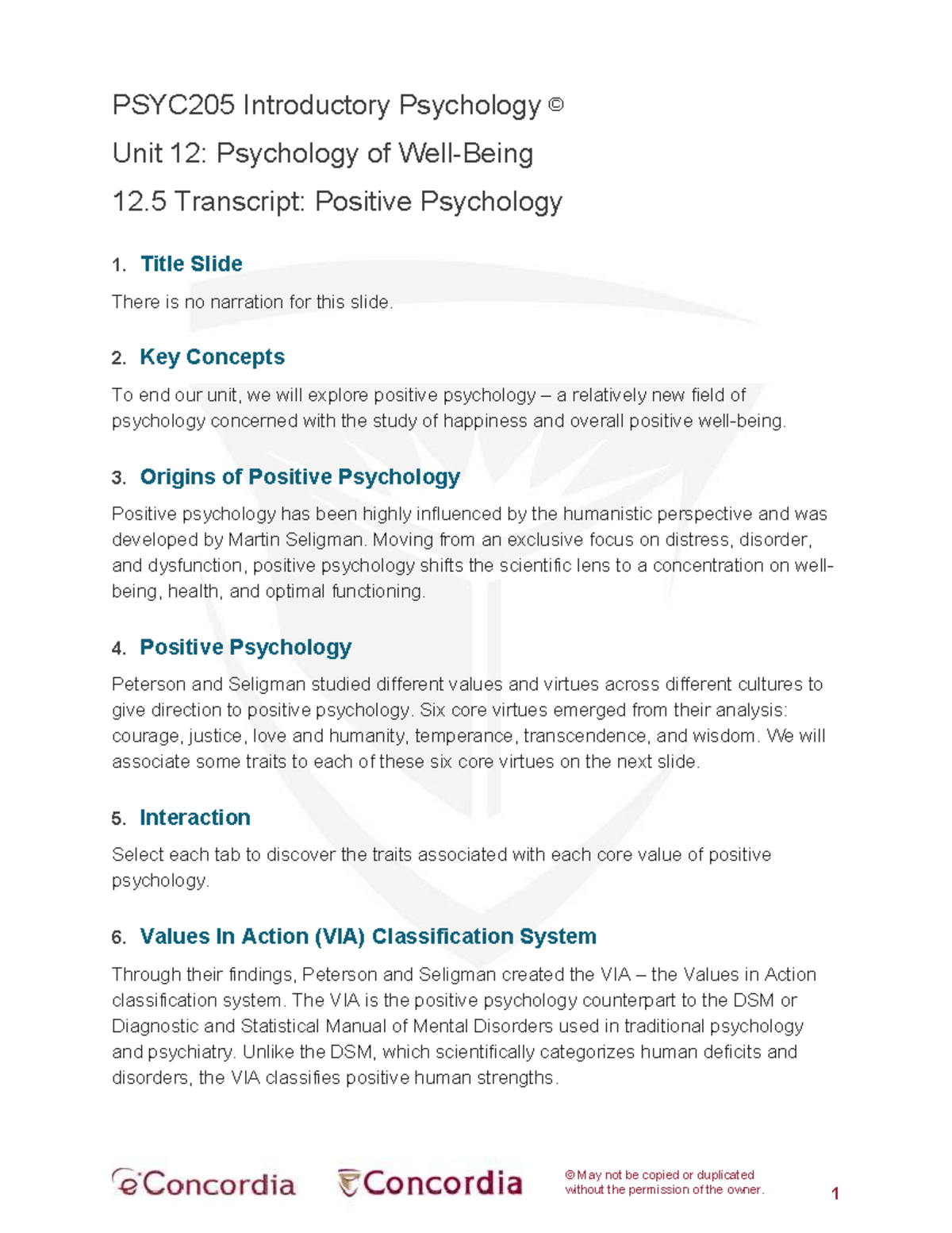PSYC205 Unit 12: Positive Psychology Transcript Overview - Studocu