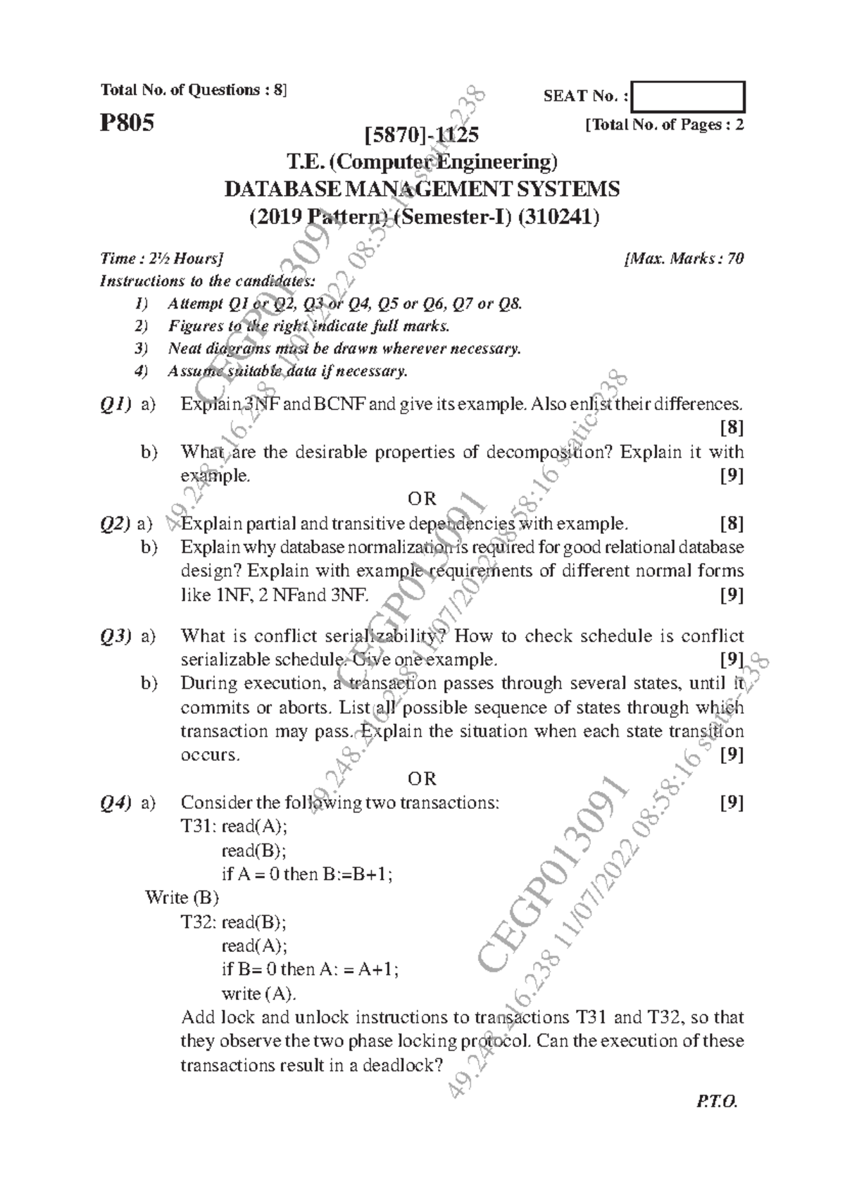 End Sem DBMS PYQ | T.E. Computer Engg. (2019 Pattern) - 310241 - Studocu