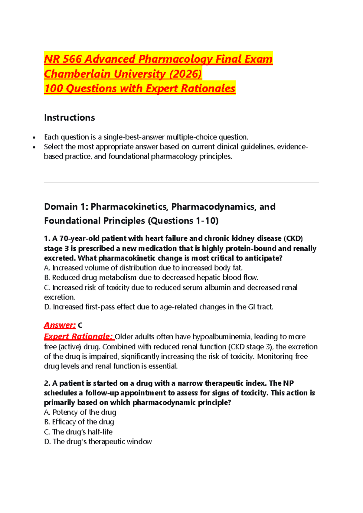 NR 566 Advanced Pharmacology Final Exam Study Guide (2026) - Studocu