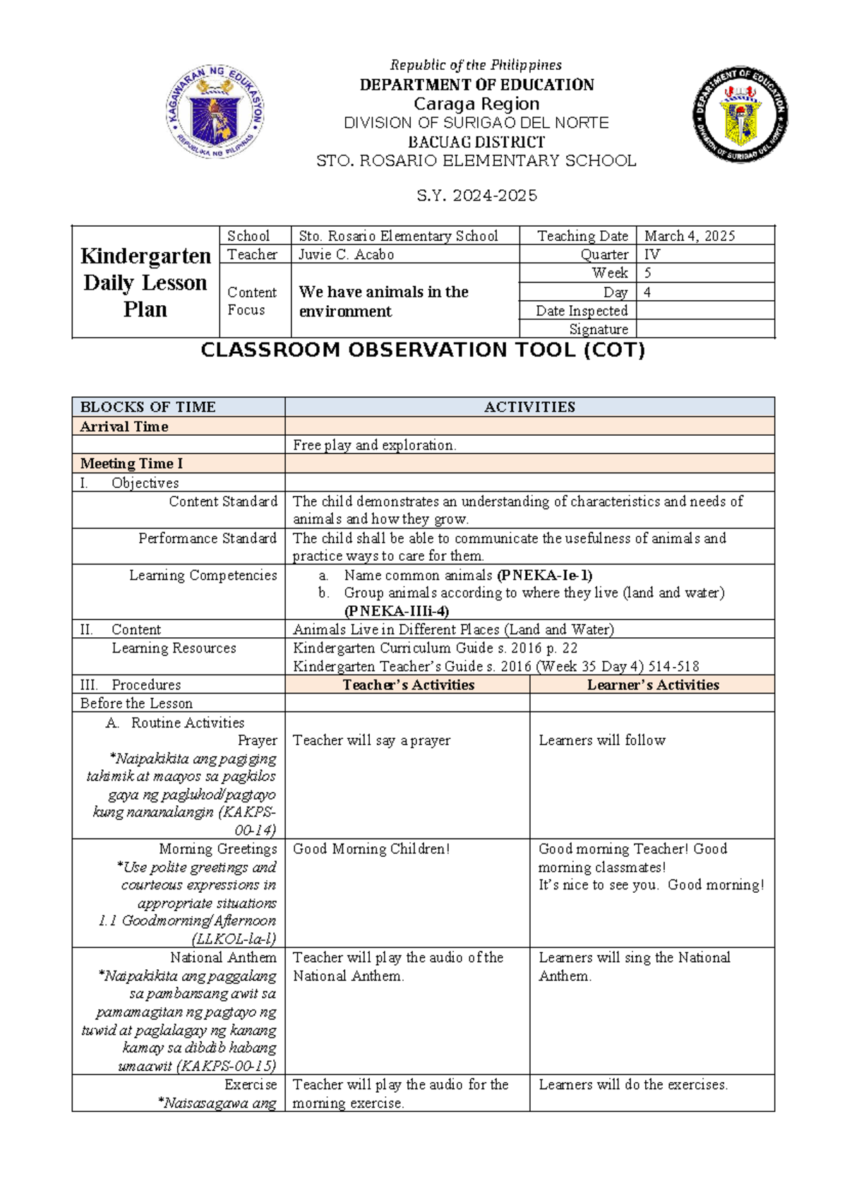 DLP KIN 4 Q4 W5 D4: Animals in Different Environments Lesson Plan - Studocu