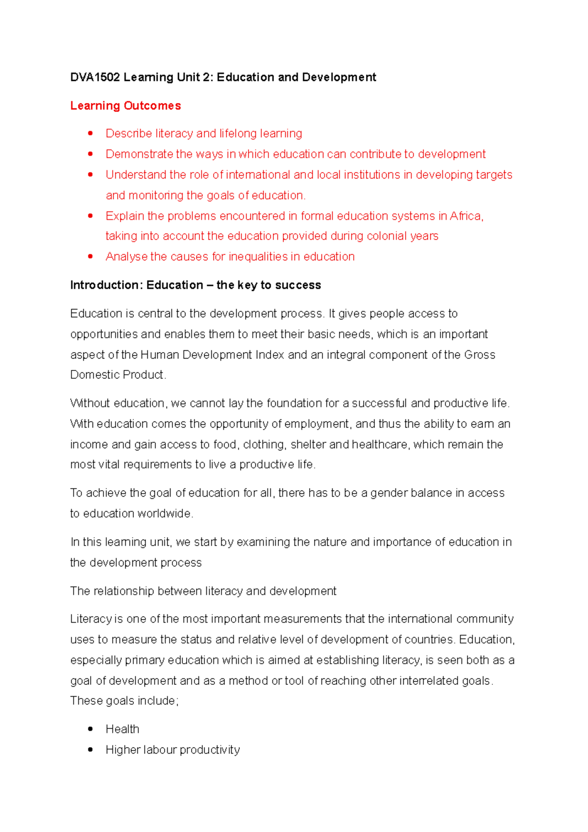 DVA1502 Learning Unit 2: Education's Role in Development and Literacy ...
