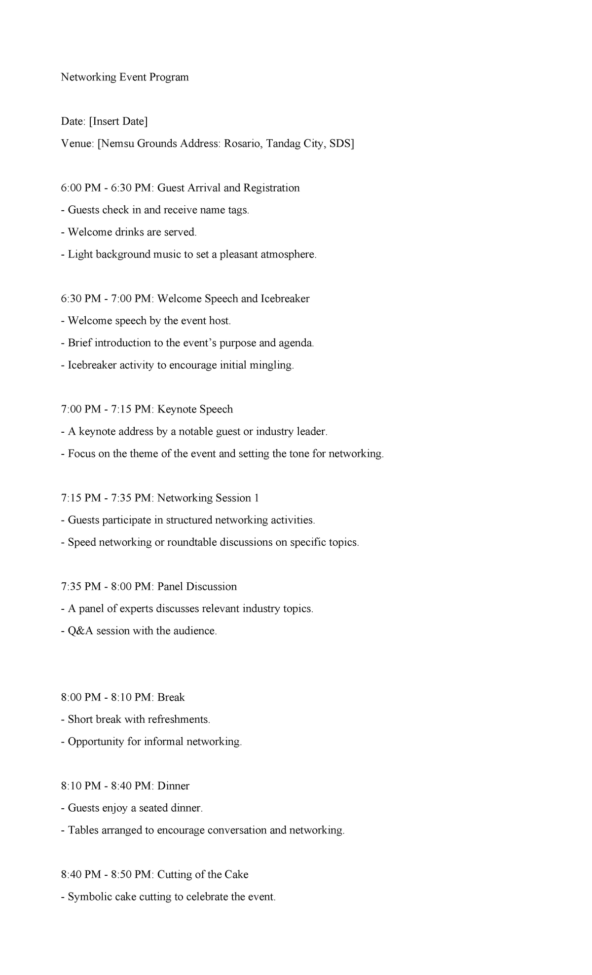 Networking Event Program - Networking Event Program Date: [Insert Date ...