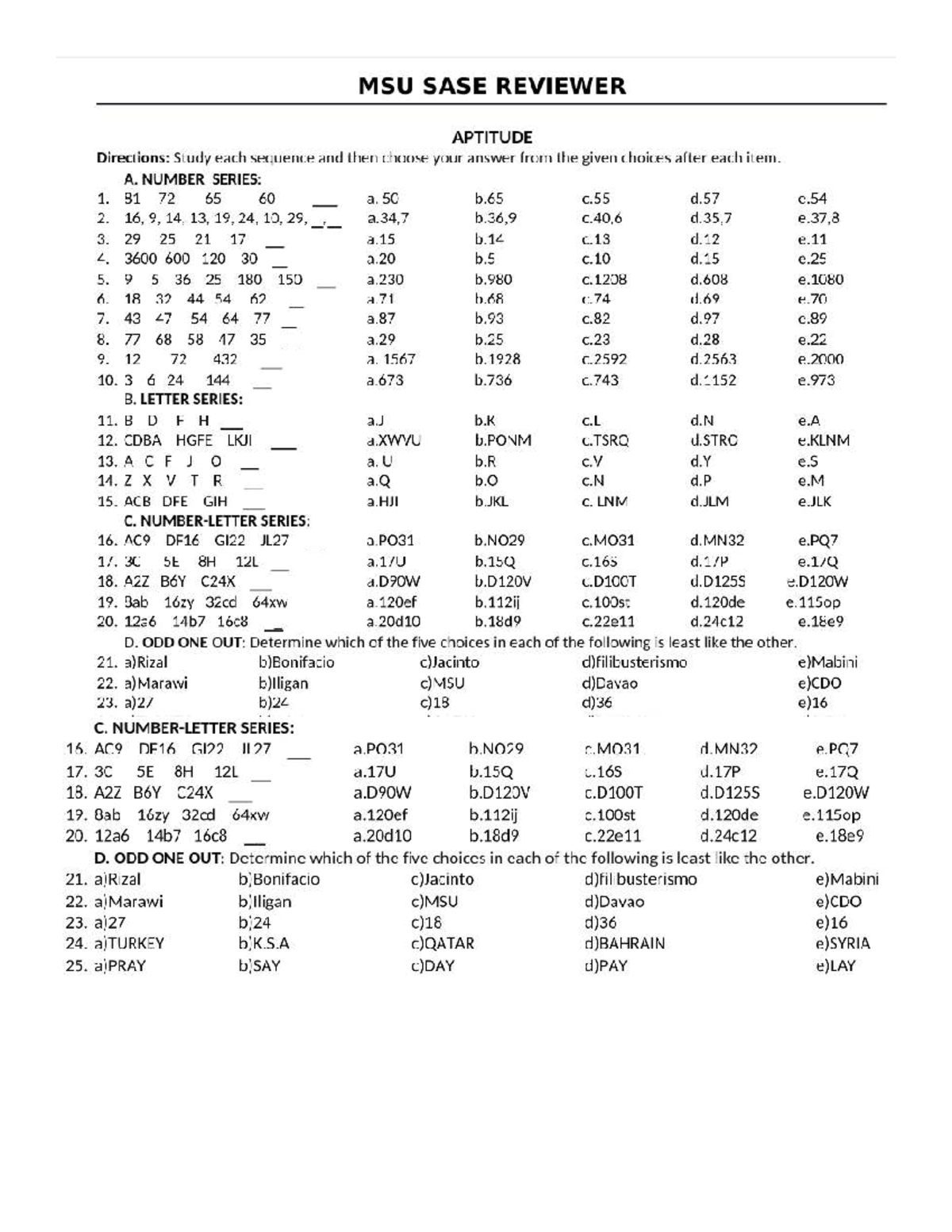 MSU SASE APTITUDE REVIEWER: Number & Letter Series Practice - Studocu
