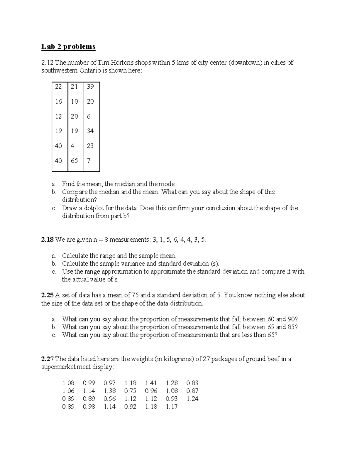 Lab 2 Problems: Statistical Analysis of Tim Hortons Data and More - Studocu