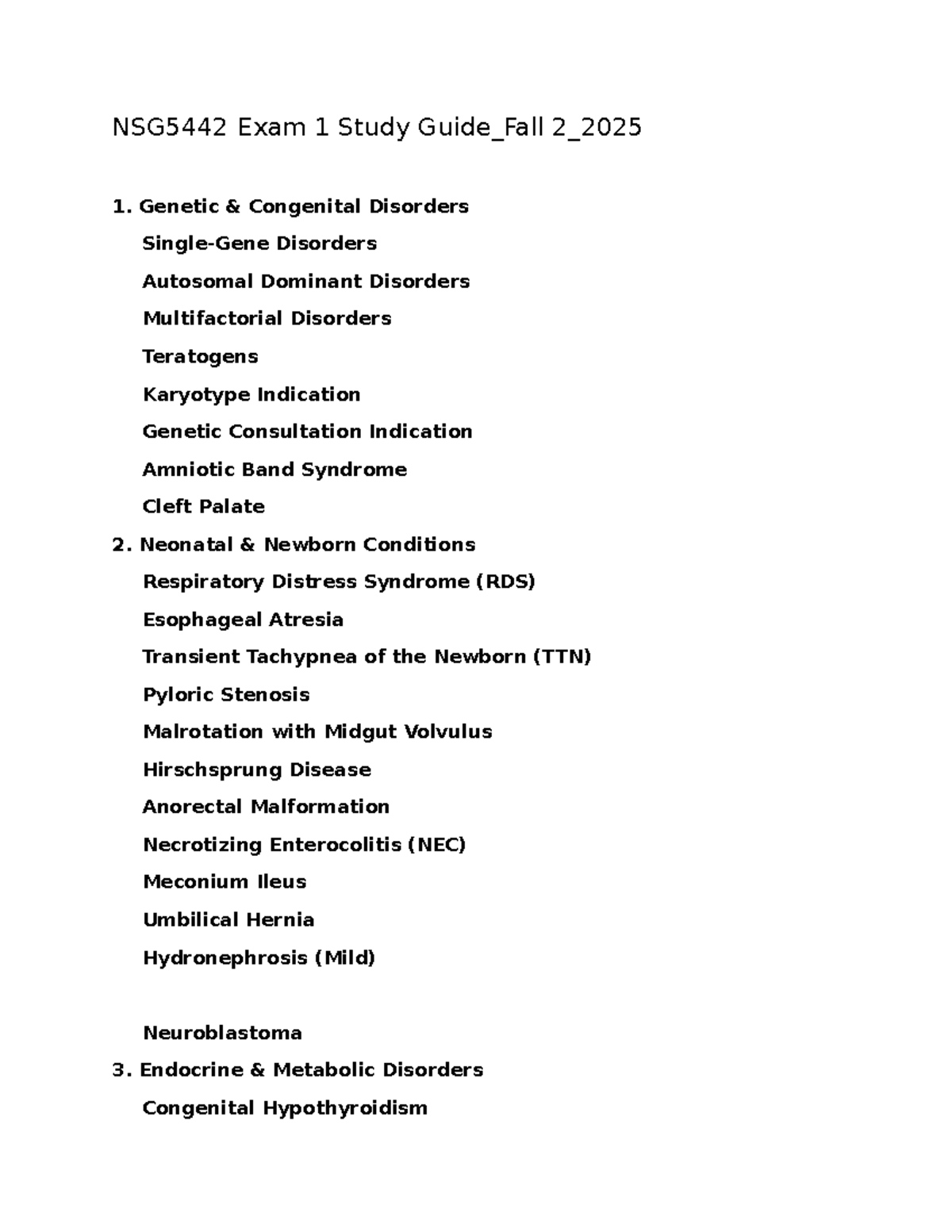 NSG5442 Fall 2025 Exam 1 Study Guide: Pediatric Disorders & Care - Studocu