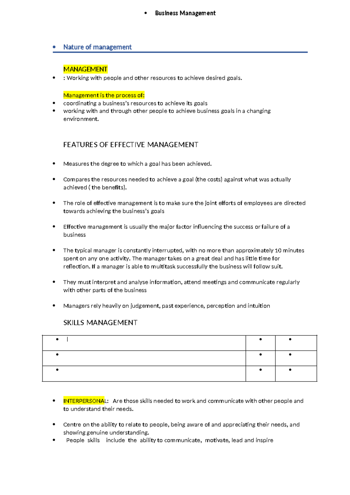 Notes Topic 2 Business Management - Business Management Nature of ...
