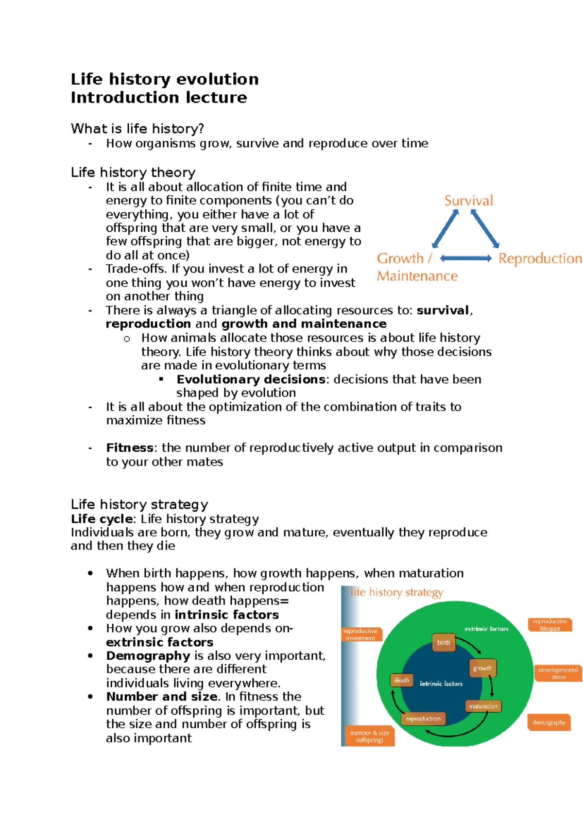 1 Life History Evolution: Introductory Lecture Notes on Evolutionary ...