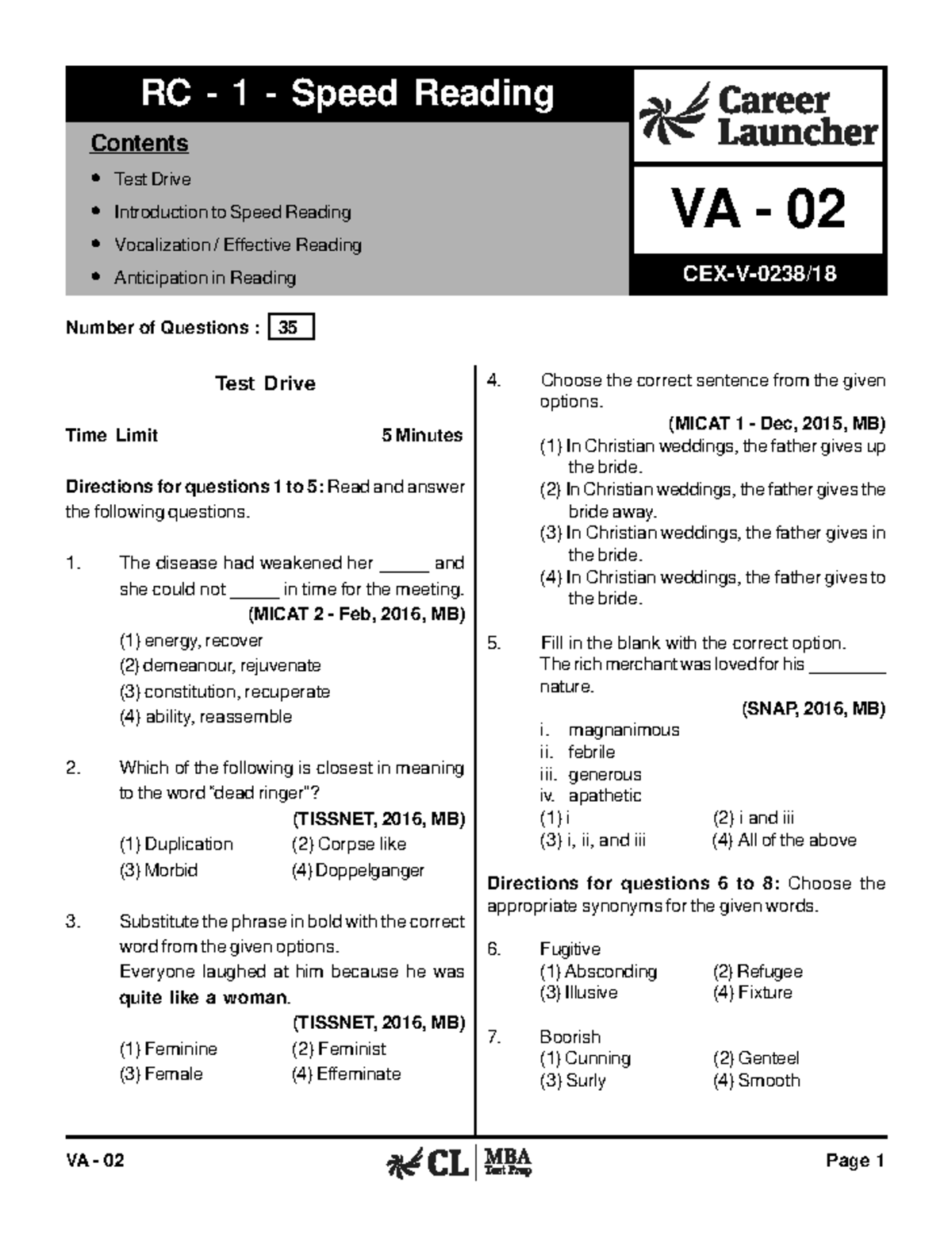 VA-02 RC 1 Speed Reading Practice with Solutions and Answers - Studocu