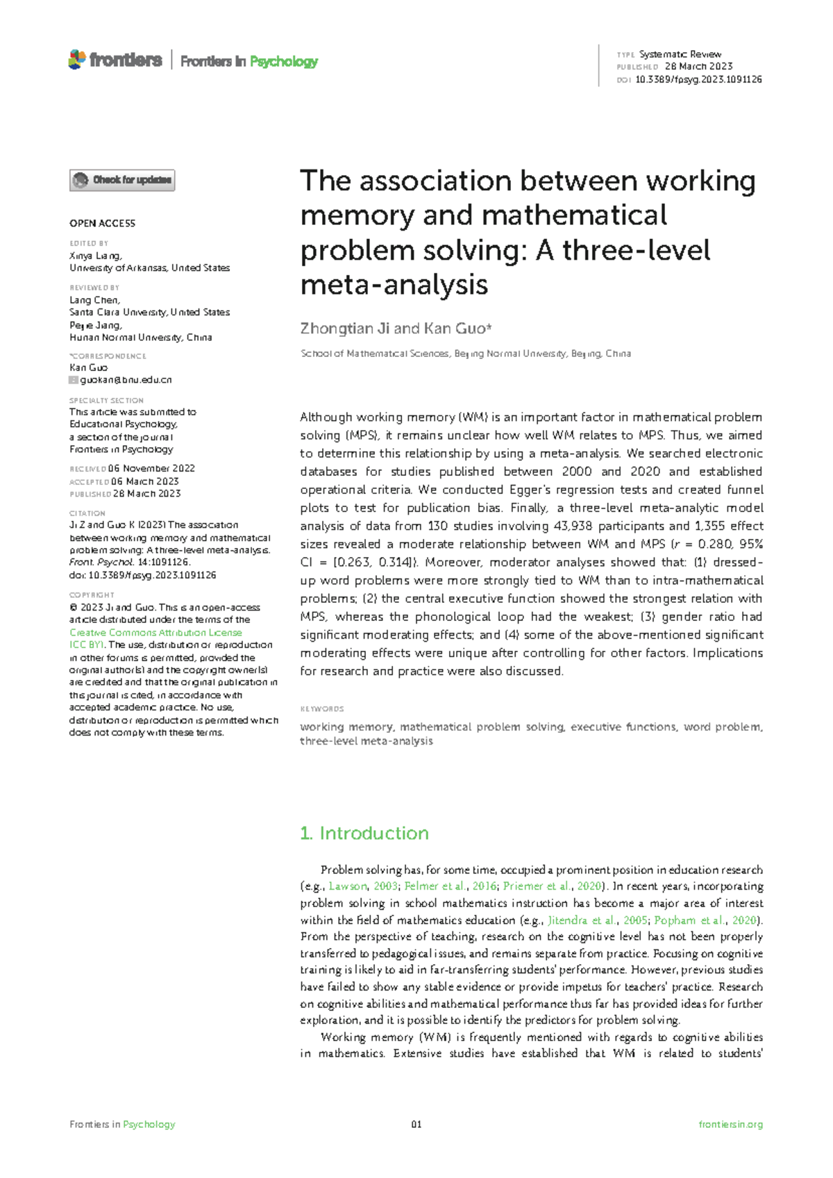 The Association Between Working Memory and Mathematical Problem Solving ...