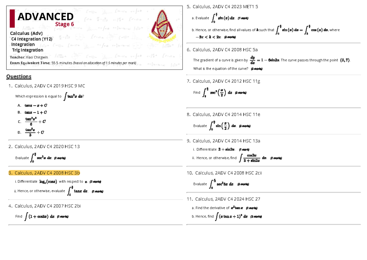 2026 Trig Integration Past HSC Q&A - 2ADV C4 Exam Prep - Studocu