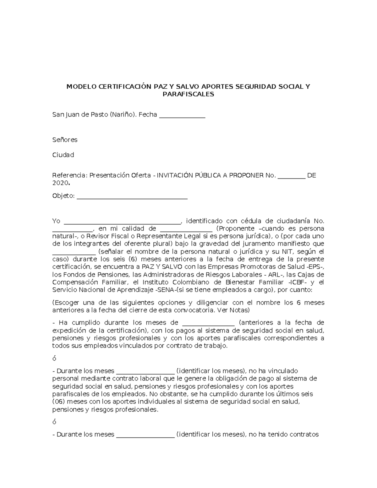Modelo de Certificación Paz y Salvo Aportes Seguridad Social - Studocu