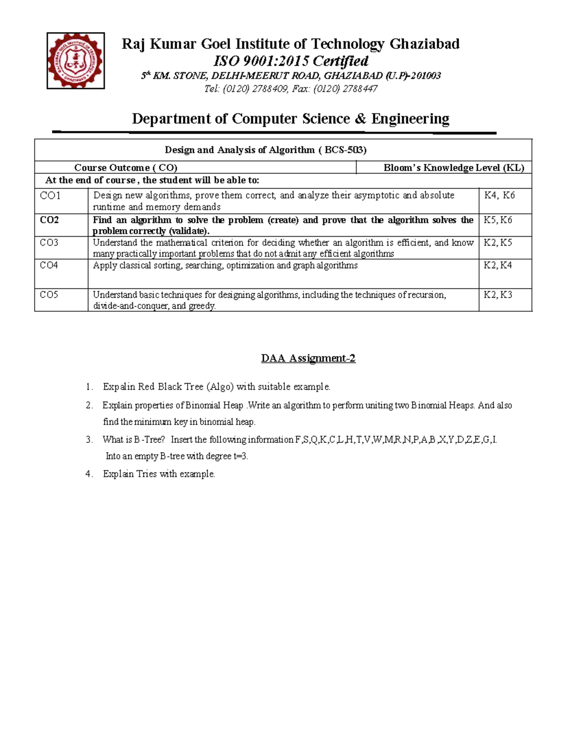 DAA Assignment 2 - Design and Analysis of Algorithms Notes - Studocu