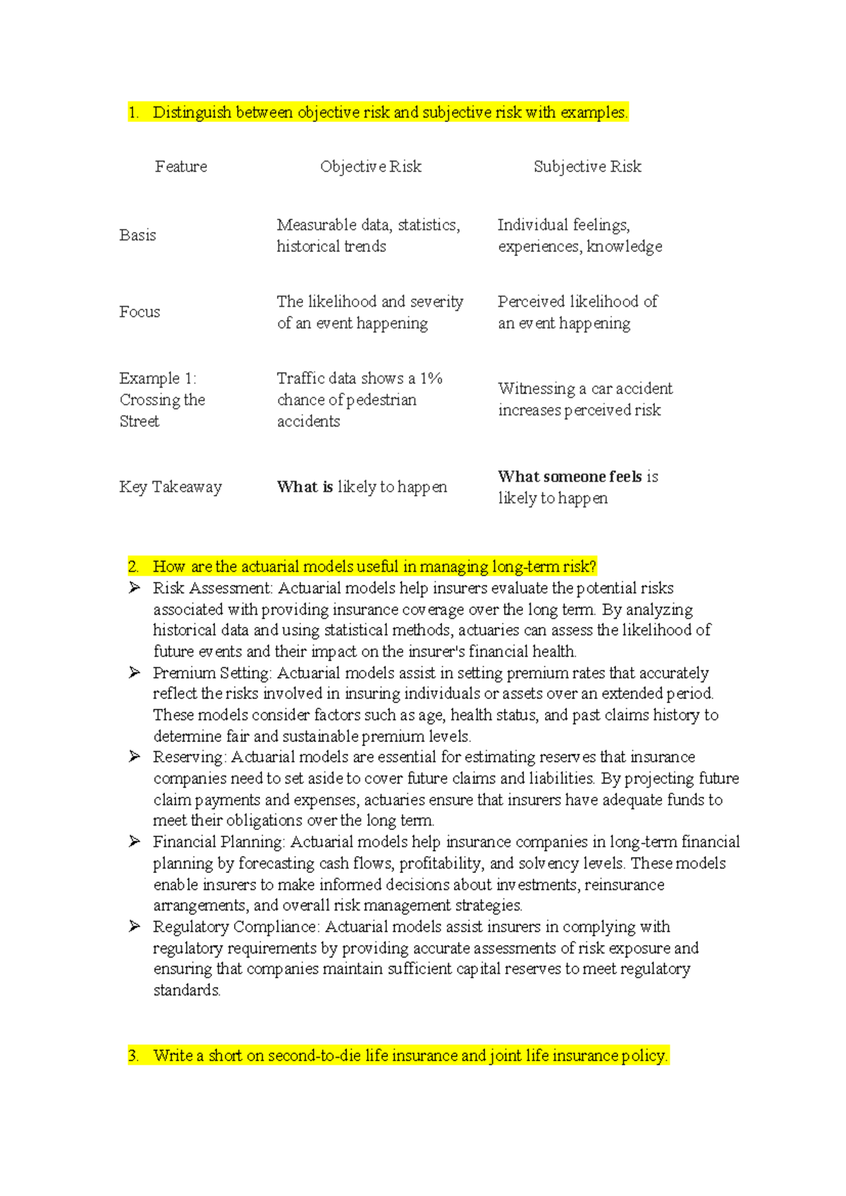 IS 2023 Solved Notes: Objective vs Subjective Risk & Insurance Insights ...