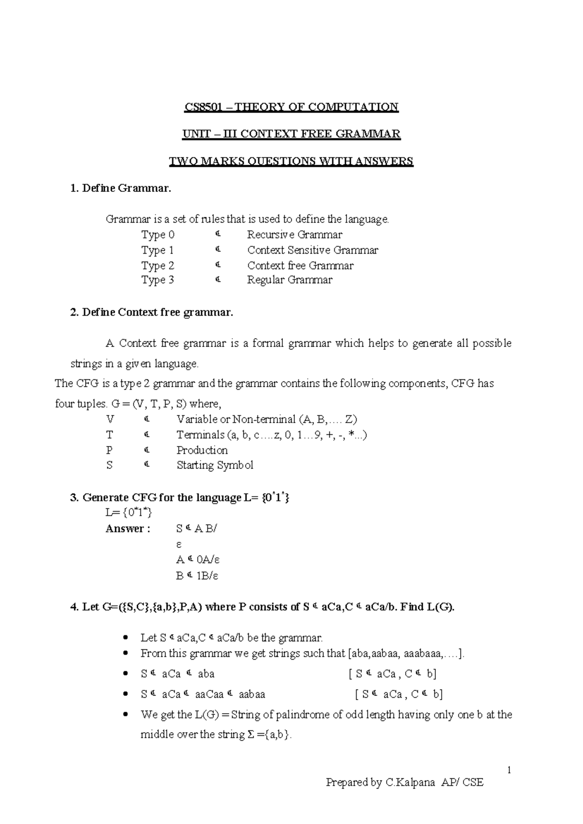 CS8501 TOC Unit- III 2 Marks - 1 CS8501 – THEORY OF COMPUTATION UNIT ...
