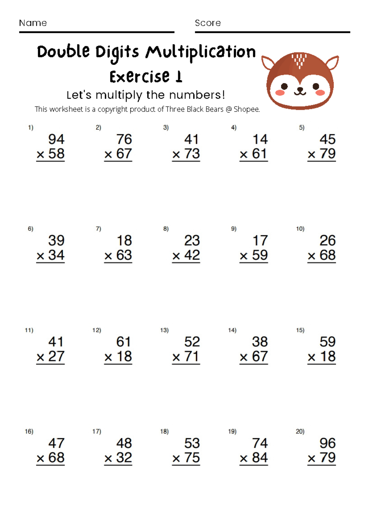 Double Digits Multiplication Exercises 1-20 (621850489) - Studocu