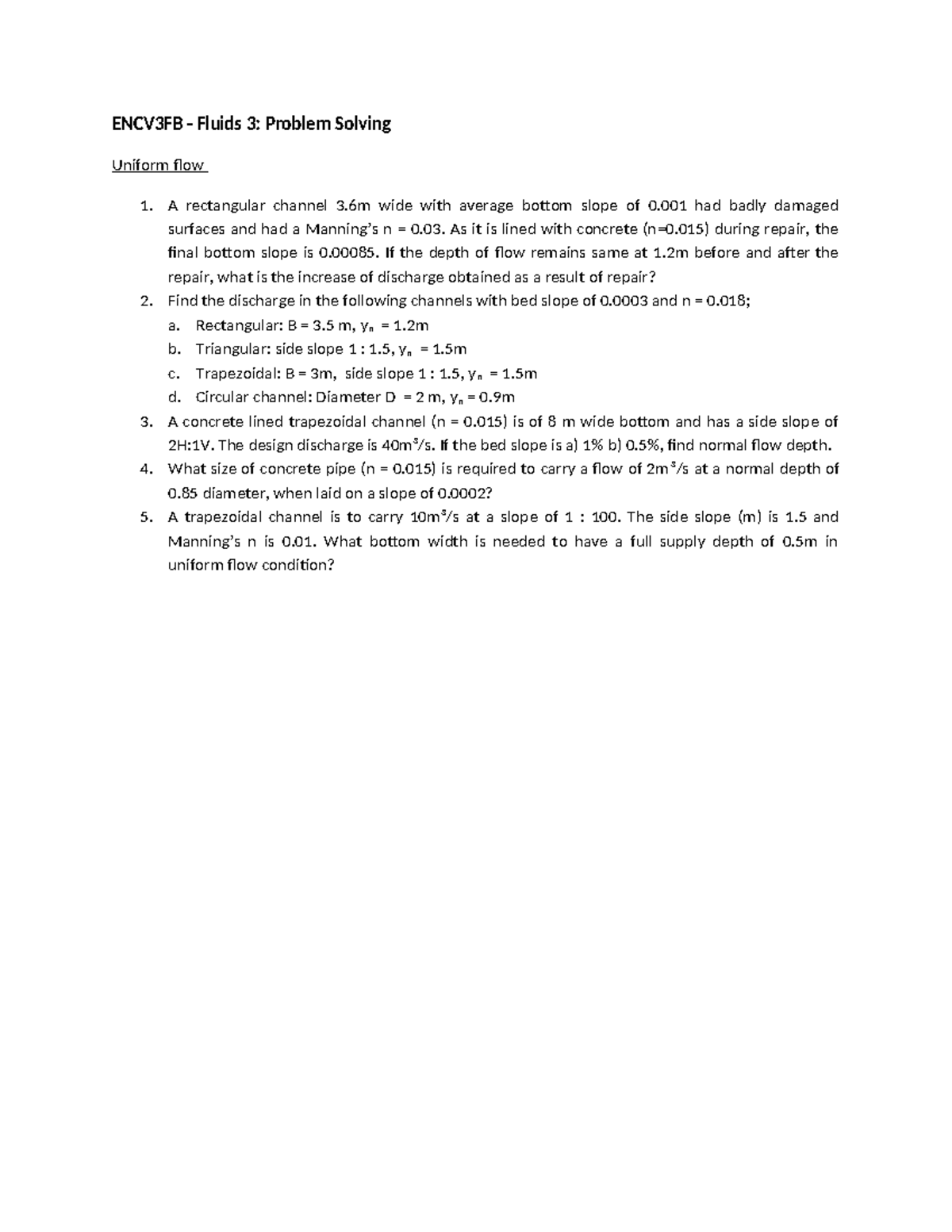 ENCV3FB Fluids 3: Problem Solving on Uniform Flow Calculations - Studocu