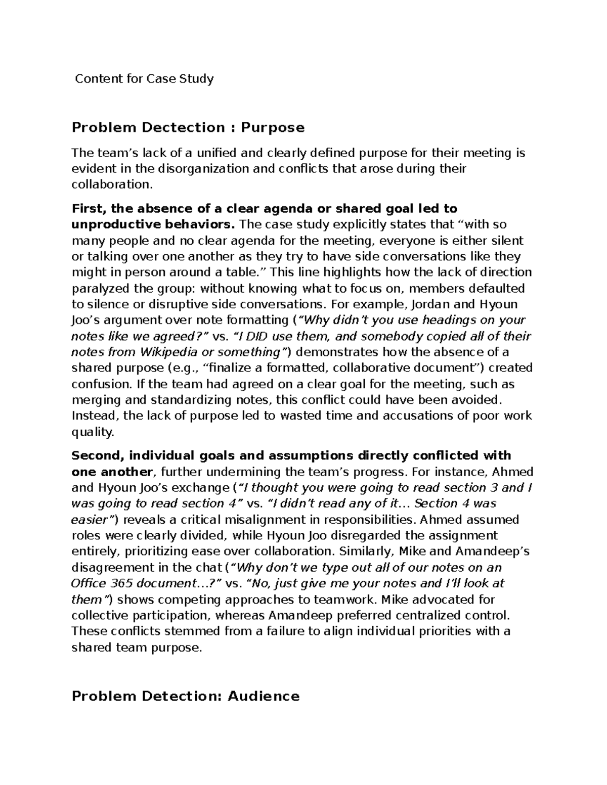 Case Study Analysis: Problem Detection and Team Dynamics - Kien - Studocu
