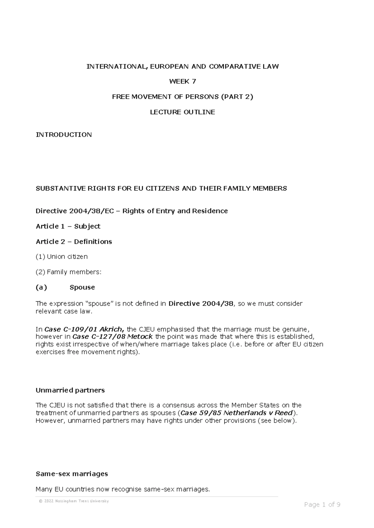 IEC Law Week 6 Free Movement of Persons Part 1 Lecture Notes - Studocu