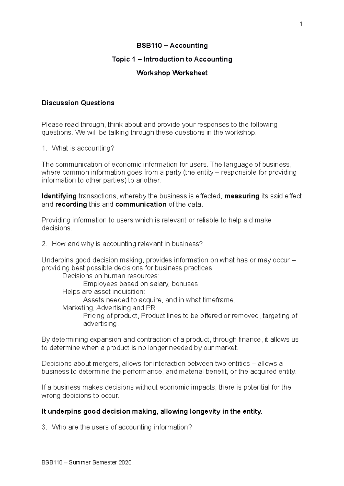 Topic 1 - Workshop - Worksheet - 17 - 1 BSB110 Accounting Topic 1 ...