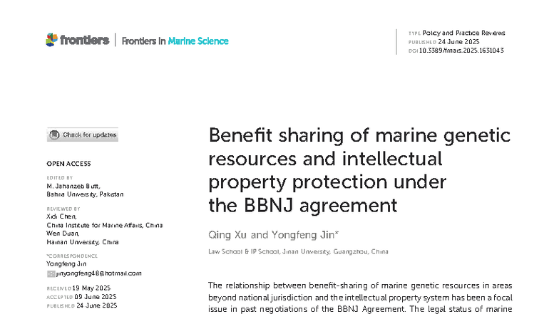 BBNJ Agreement: Marine Genetic Resources & IP Protection Insights - Studocu