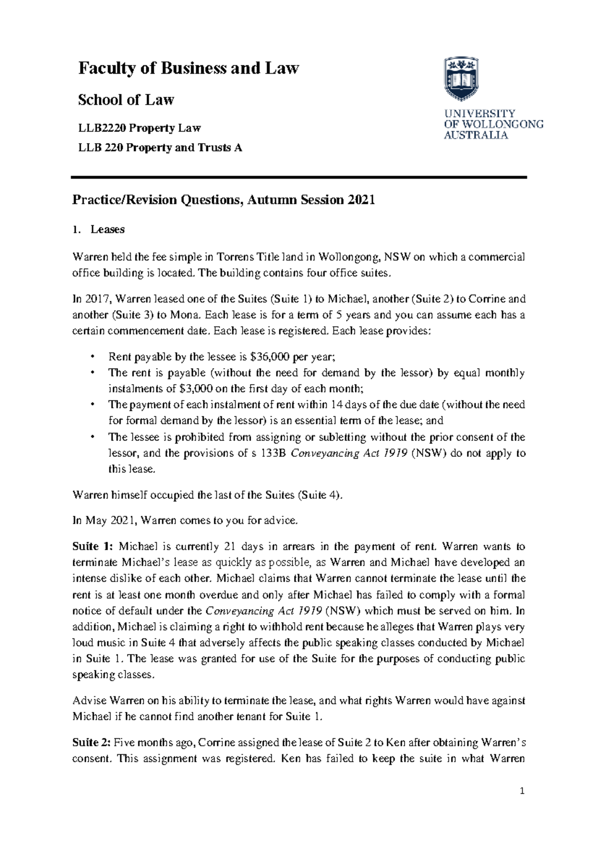 Revision Questions for property law - 1 Faculty of Business and Law ...