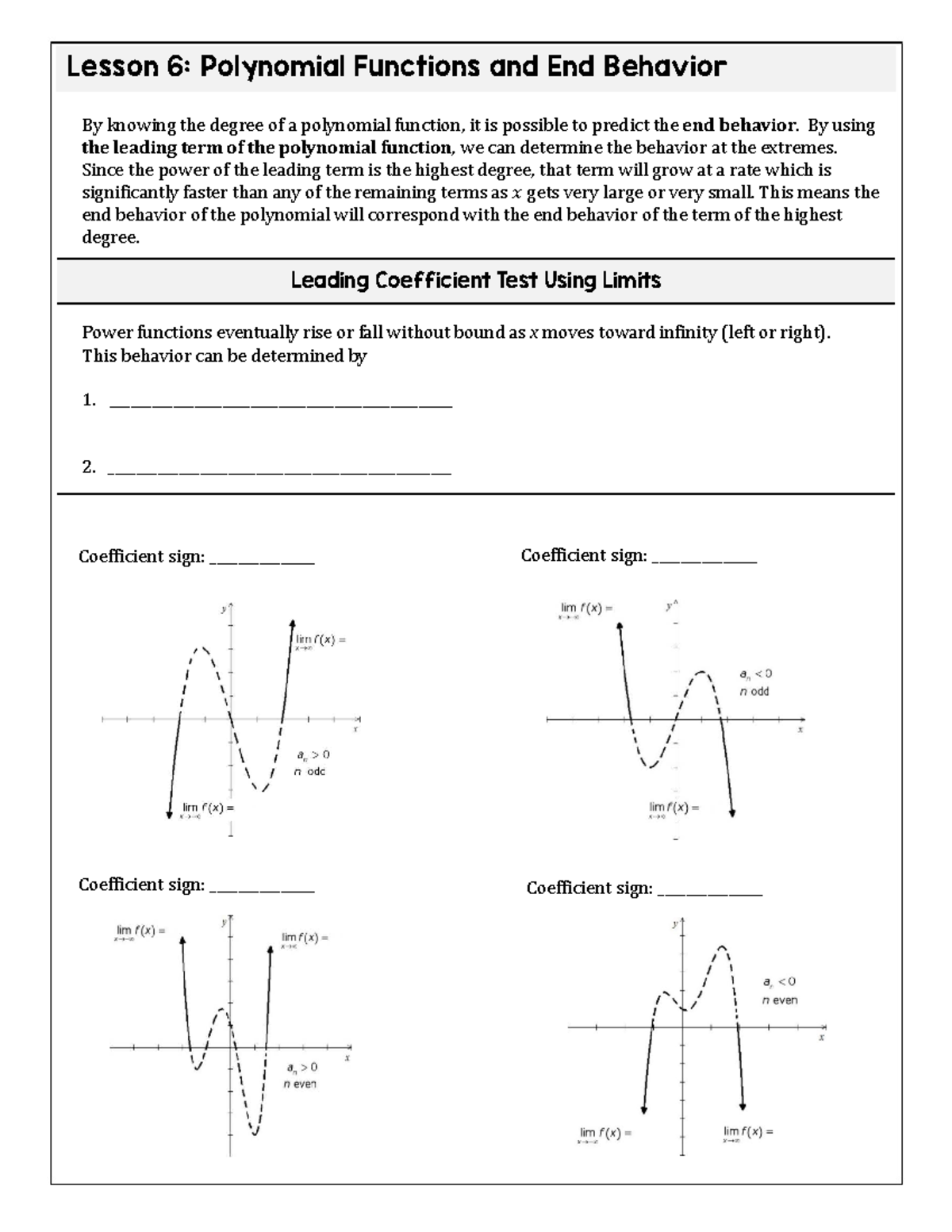1.6 Polynomial Functions End Behavior 2 - Lesson 6: Polynomial ...