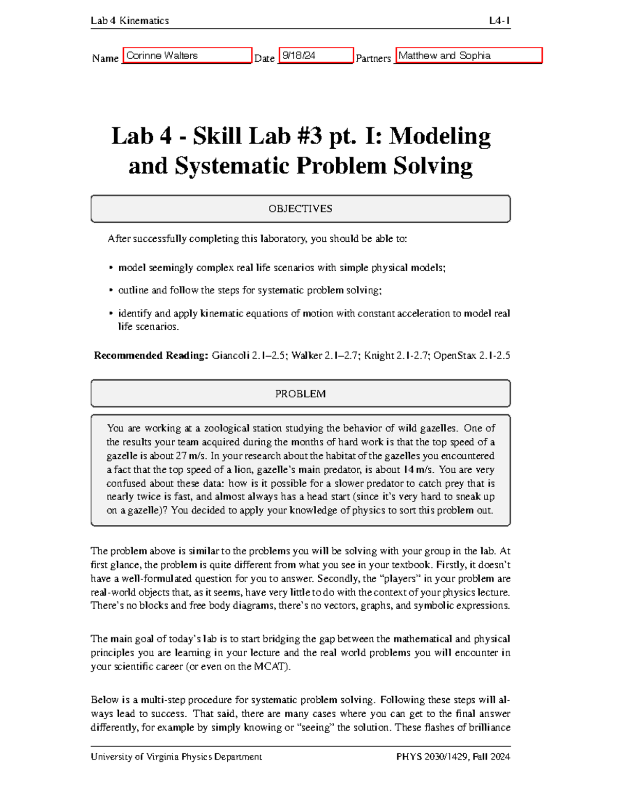 Week 4 phys lab - part before an assignment - Lab 4 Kinematics L4- Name ...
