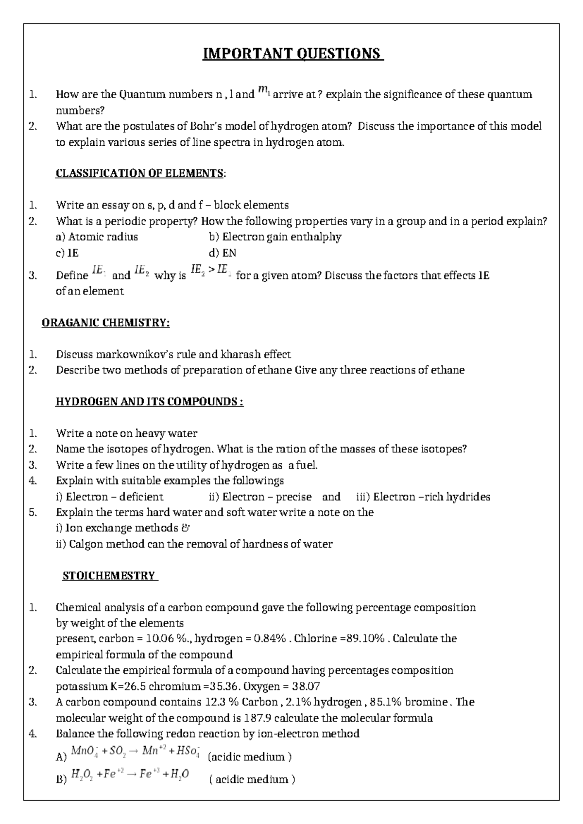 Chemistry JR 30 - Important Questions on Quantum Numbers, Elements, and ...