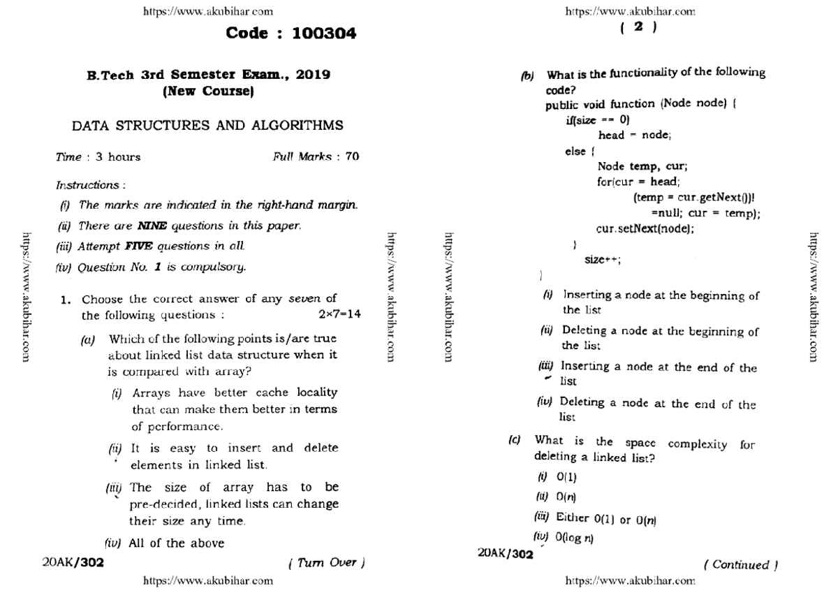 B.Tech 3rd Sem Exam 2019: Data Structures & Algorithms PYQ - Studocu