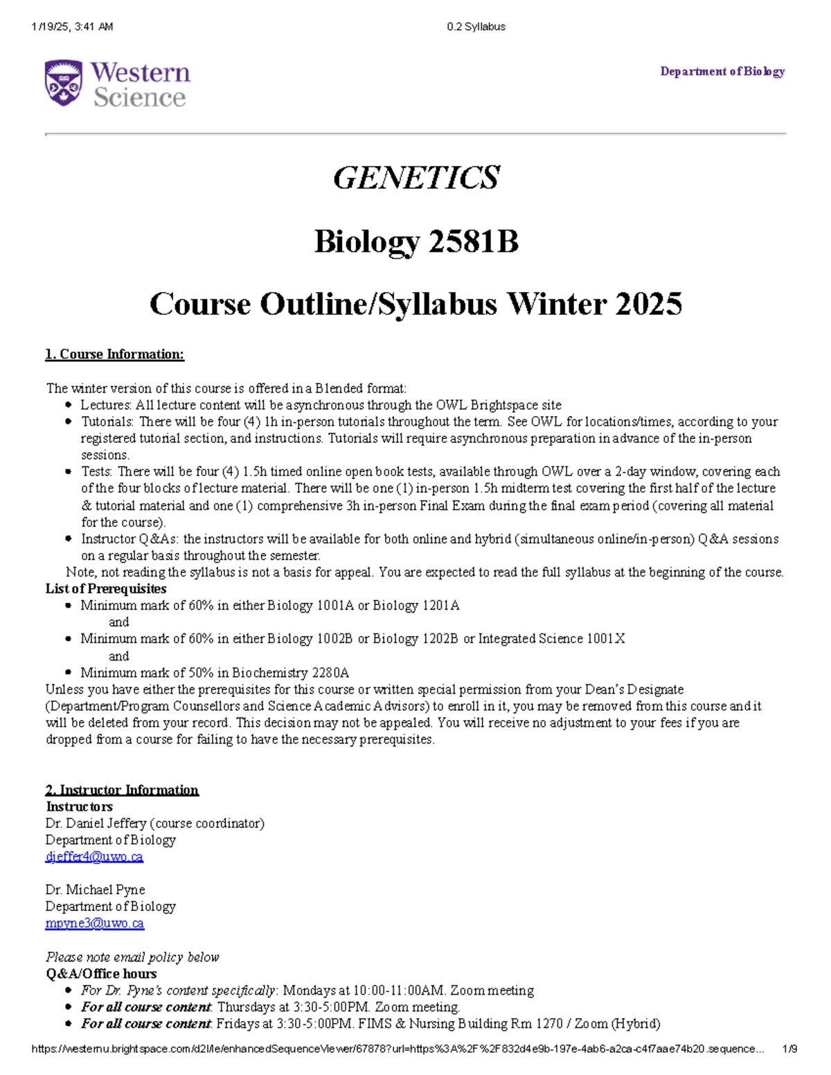 Biology 2581B: Genetics Course Syllabus - Winter 2025 - Studocu